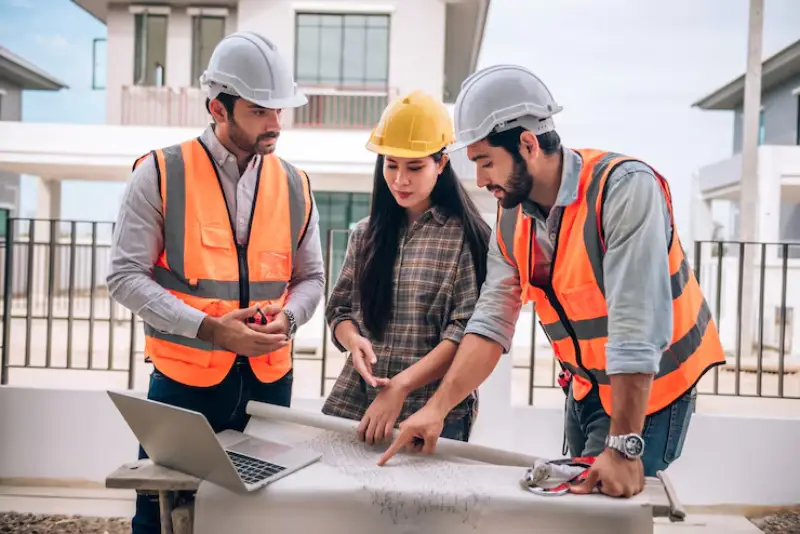 Engineers drawing plans on a blueprint layout